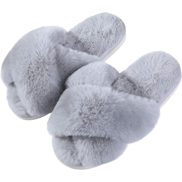 👑Women's Gray Casual Classic Fuzzy Cross Band Memory Foam Open Toe Slippers